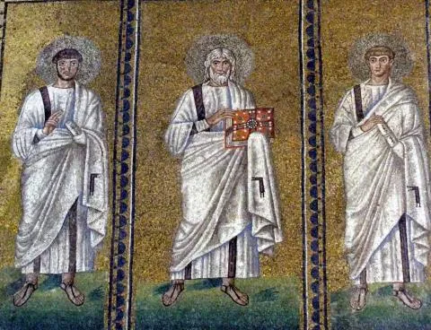 Apôtres dans la basilique du Christ Sauveur  construite par le roi arien des Goths Téodoric (Italie du Nord, Ravennes, en 504).  Les saints ariens sont toujours représentés avec des livres  – symboles des connaissances.